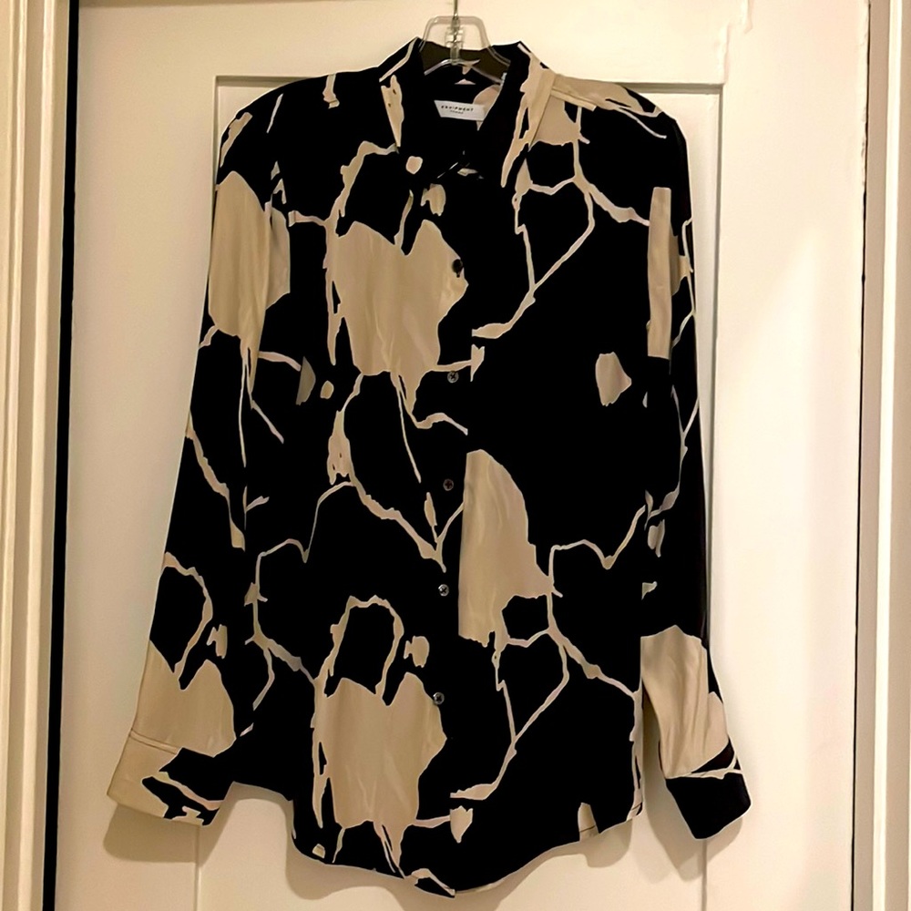 Equipment Black and Cream Abstract Print Silk Blouse